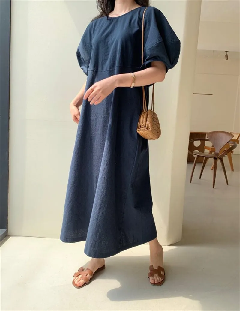 Wjczt Summer Oversized Solid Dress Women 2022 New Korean Casual Simple Dereees Female Cute Puff Sleeve Beach Long Dress