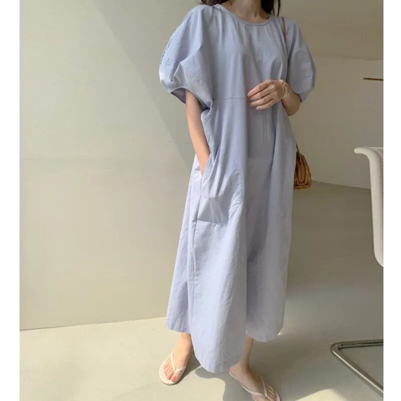 Wjczt Summer Oversized Solid Dress Women 2022 New Korean Casual Simple Dereees Female Cute Puff Sleeve Beach Long Dress