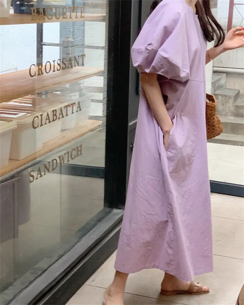 Wjczt Summer Oversized Solid Dress Women 2022 New Korean Casual Simple Dereees Female Cute Puff Sleeve Beach Long Dress
