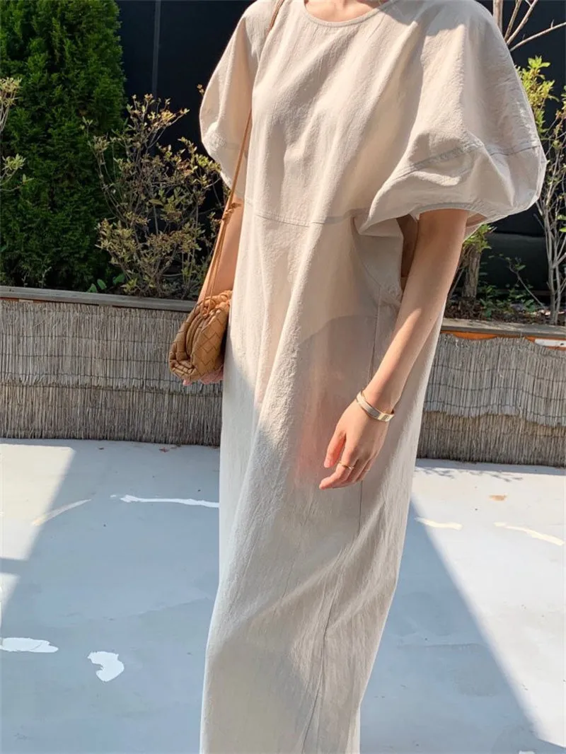 Wjczt Summer Oversized Solid Dress Women 2022 New Korean Casual Simple Dereees Female Cute Puff Sleeve Beach Long Dress