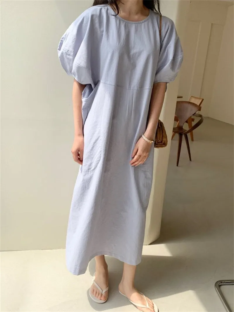 Wjczt Summer Oversized Solid Dress Women 2022 New Korean Casual Simple Dereees Female Cute Puff Sleeve Beach Long Dress