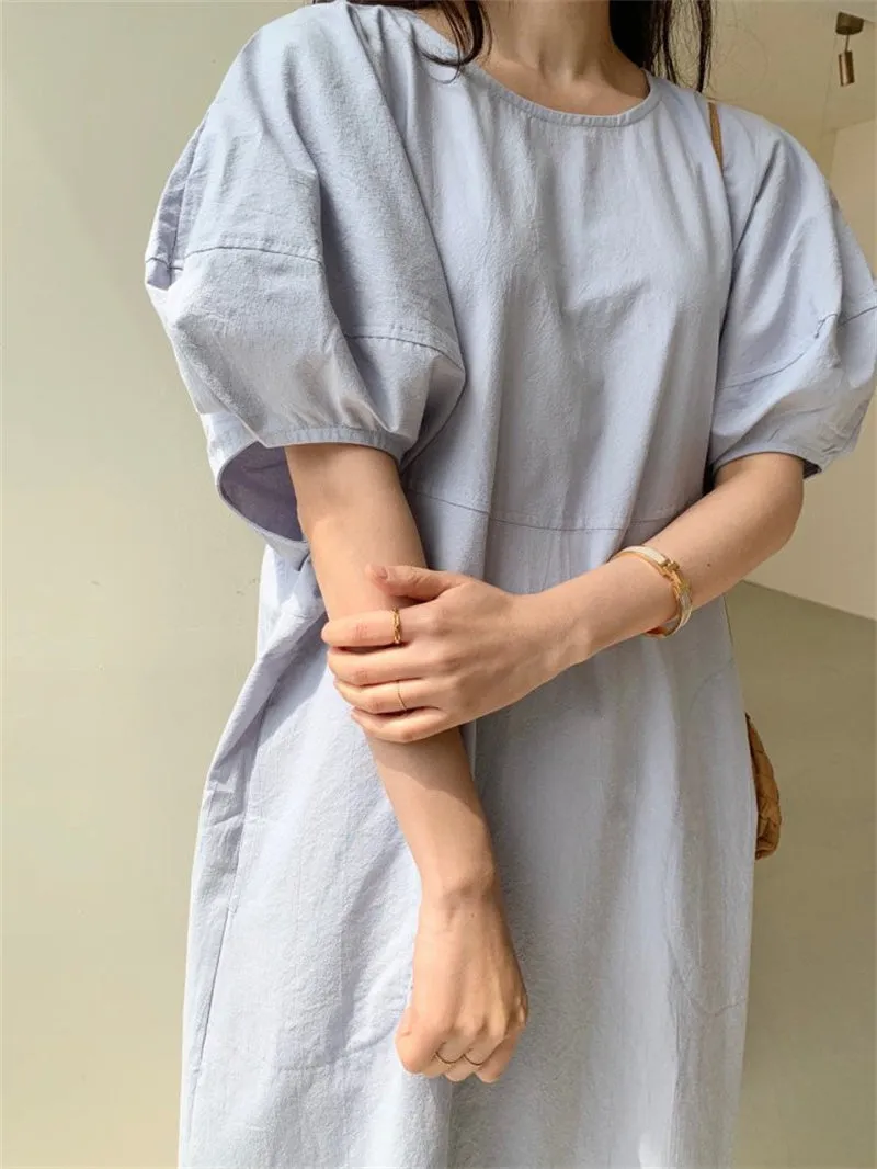 Wjczt Summer Oversized Solid Dress Women 2022 New Korean Casual Simple Dereees Female Cute Puff Sleeve Beach Long Dress