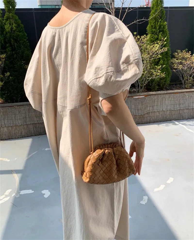 Wjczt Summer Oversized Solid Dress Women 2022 New Korean Casual Simple Dereees Female Cute Puff Sleeve Beach Long Dress