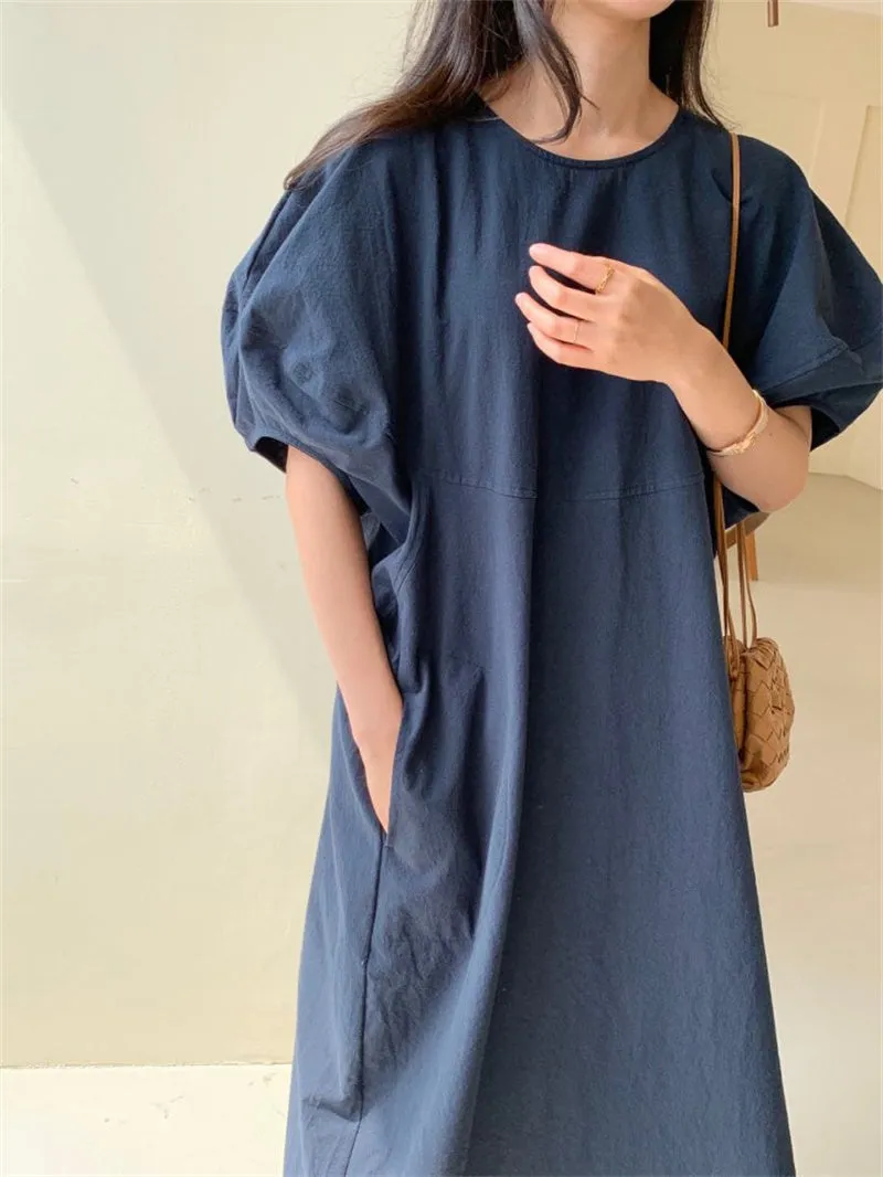 Wjczt Summer Oversized Solid Dress Women 2022 New Korean Casual Simple Dereees Female Cute Puff Sleeve Beach Long Dress