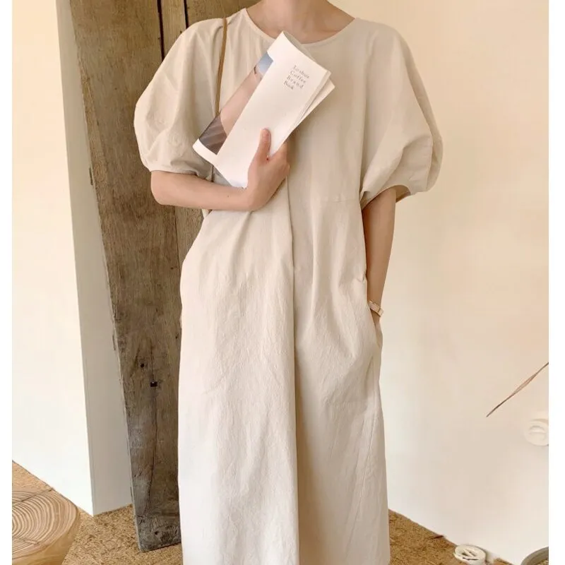 Wjczt Summer Oversized Solid Dress Women 2022 New Korean Casual Simple Dereees Female Cute Puff Sleeve Beach Long Dress