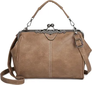 Women Kiss Lock Vintage Handbags for Women Oil Leather Evening Clutch Satchel Purse Tote