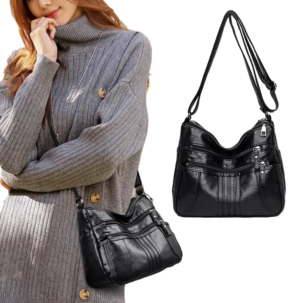 Women Multi Pocket Crossbody Bag Ladies Shoulder Bag PU Leather Mommy Bag Black