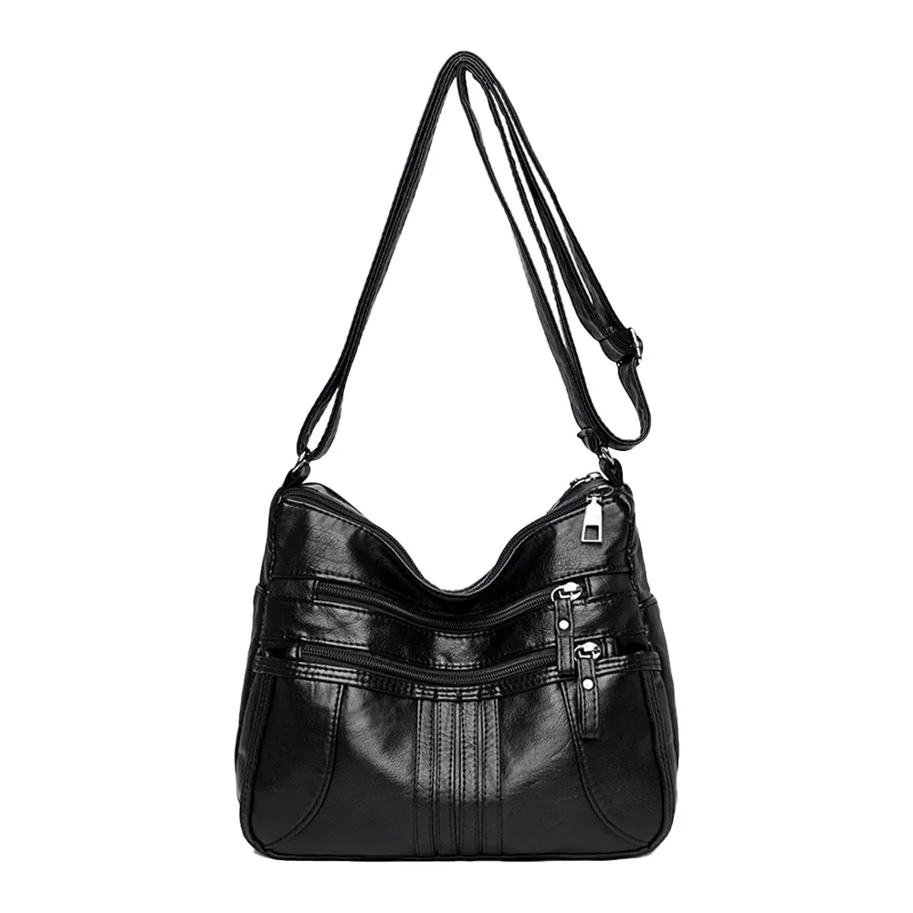 Women Multi Pocket Crossbody Bag Ladies Shoulder Bag PU Leather Mommy Bag Black