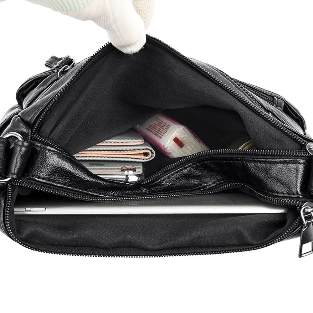 Women Multi Pocket Crossbody Bag Ladies Shoulder Bag PU Leather Mommy Bag Black