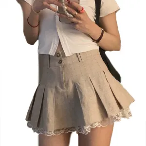 Women Y2K Mini Skirt Lace Lining Pleated Bodycon Skirt High Waist Button Zip A Line Striped Skirt Fairy Grunge Aesthetic
