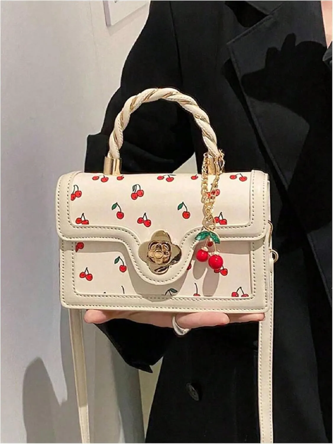Women's Cherry Print Flap Square Bags Adjustable Strap Top Handle Satchel Crossbody Bags with Cherry Pendant