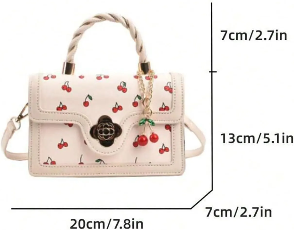 Women's Cherry Print Flap Square Bags Adjustable Strap Top Handle Satchel Crossbody Bags with Cherry Pendant