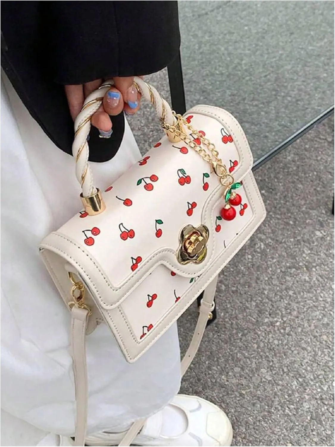 Women's Cherry Print Flap Square Bags Adjustable Strap Top Handle Satchel Crossbody Bags with Cherry Pendant