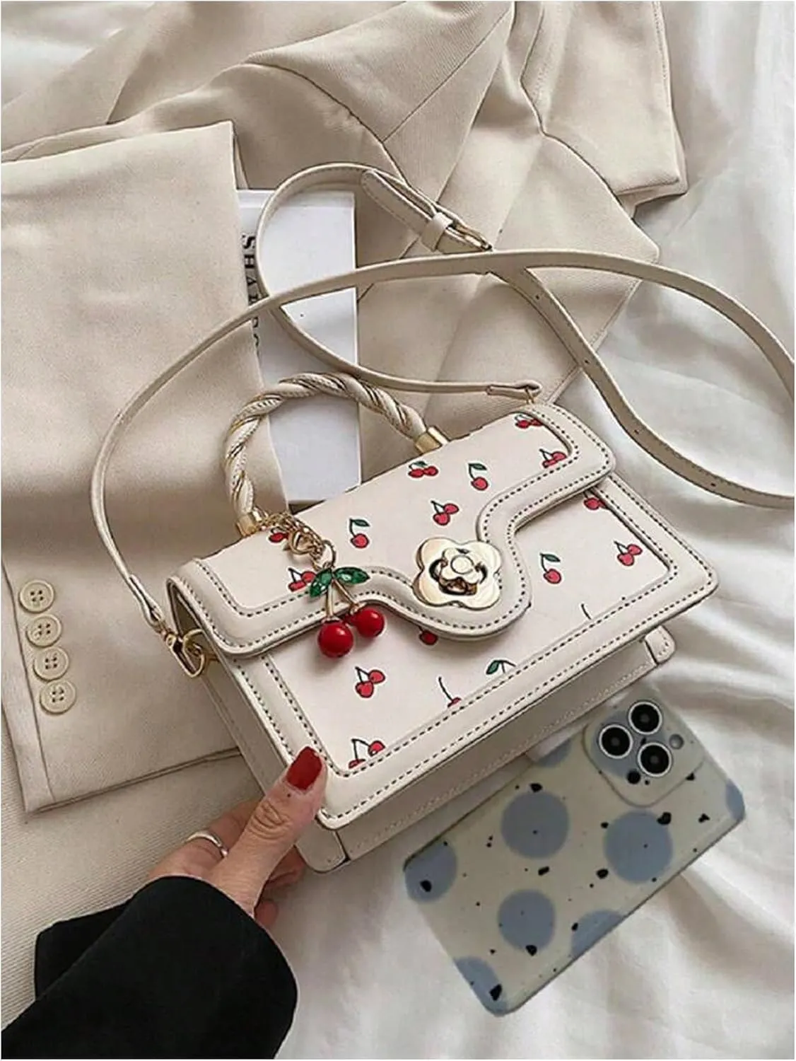 Women's Cherry Print Flap Square Bags Adjustable Strap Top Handle Satchel Crossbody Bags with Cherry Pendant