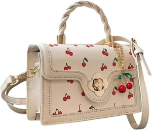 Women's Cherry Print Flap Square Bags Adjustable Strap Top Handle Satchel Crossbody Bags with Cherry Pendant