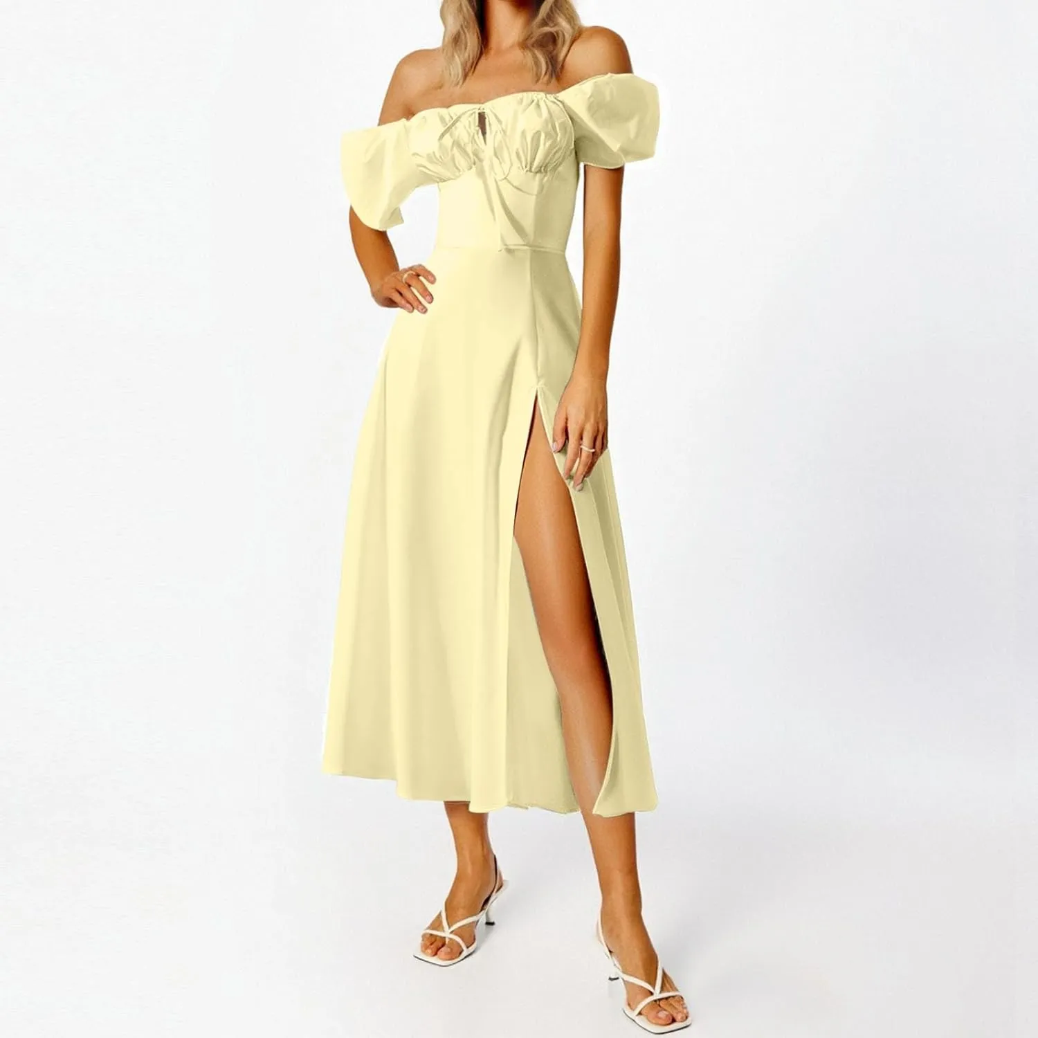 Women's French Off Shoulder Long Skirt with Floral Slit Flowing A Line Casual Beach Long Skirt Girl 7