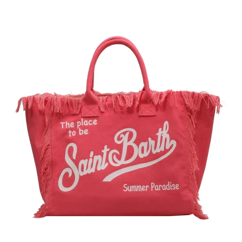 Women's Hot Selling Canvas Shoulder Bag - Solid Color with Letter Tassel & Splice Design