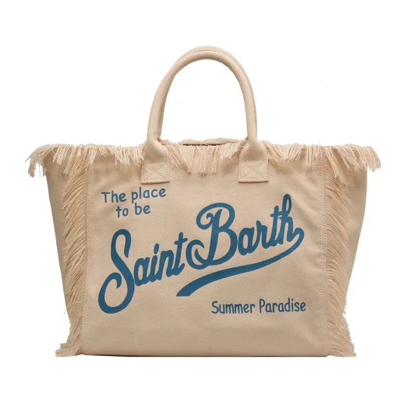 Women's Hot Selling Canvas Shoulder Bag - Solid Color with Letter Tassel & Splice Design