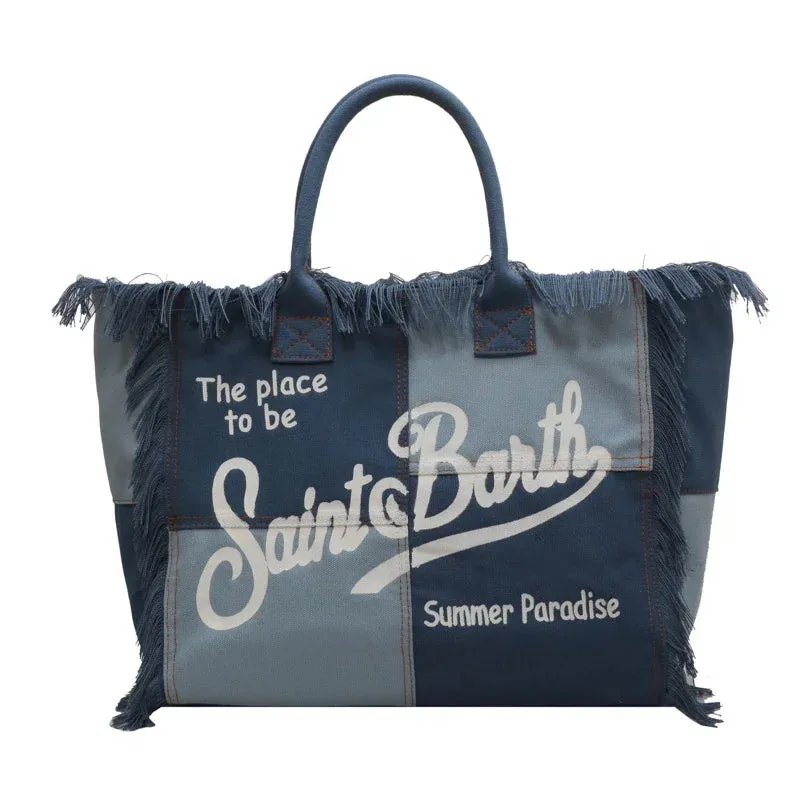 Women's Hot Selling Canvas Shoulder Bag - Solid Color with Letter Tassel & Splice Design