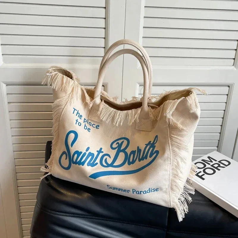 Women's Hot Selling Canvas Shoulder Bag - Solid Color with Letter Tassel & Splice Design