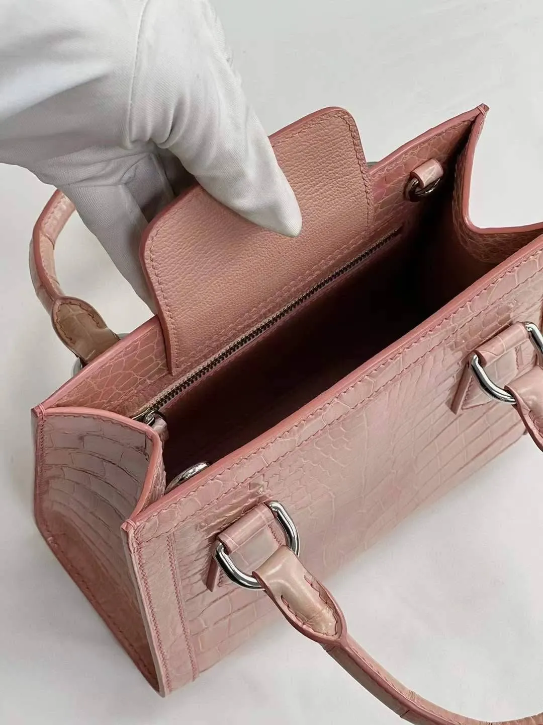 Womens Mini Shiny Crocodile Leather Top Handle Bag