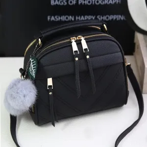 Women's Small Crossbody Bag – High-Quality PU Leather Shoulder Purse with Fur Ball Charm