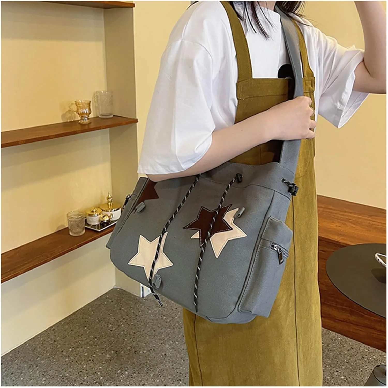 Y2K Star Canvas Messenger Bag, Cute Tote Bags Aesthetic, Small Shoulder Travel Crossbody Bags For Women