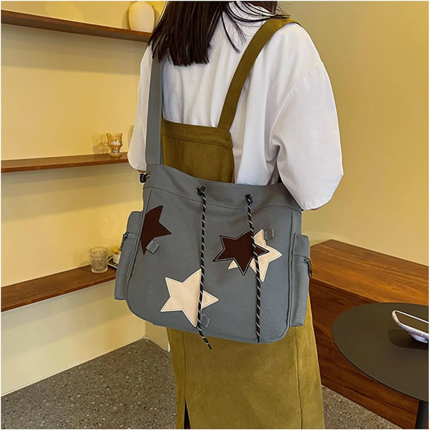 Y2K Star Canvas Messenger Bag, Cute Tote Bags Aesthetic, Small Shoulder Travel Crossbody Bags For Women