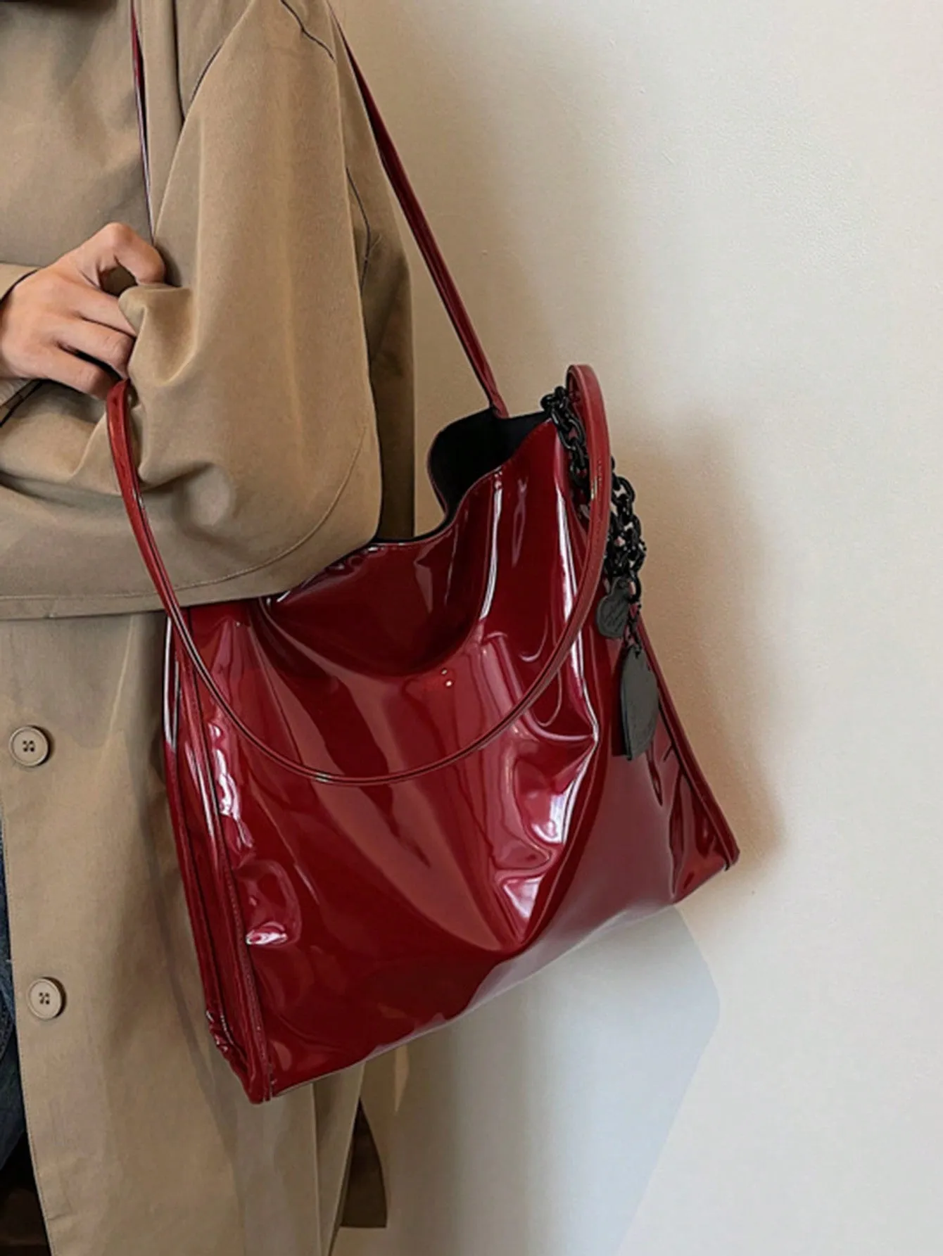 Yogodlns Stylish Patent Leather Tote Bag Solid Color Large Capacity Shoulder Bag Bucket Bags Underarm Bag For Daily Use-FD