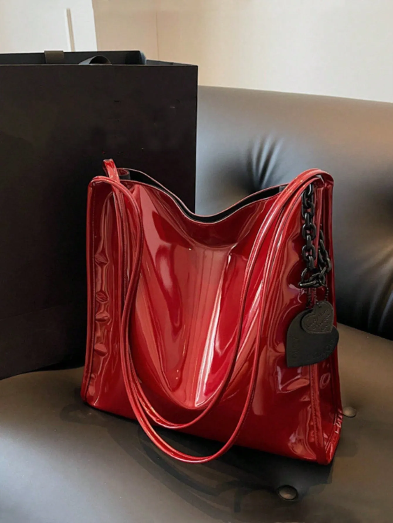 Yogodlns Stylish Patent Leather Tote Bag Solid Color Large Capacity Shoulder Bag Bucket Bags Underarm Bag For Daily Use-FD