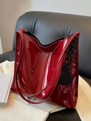 Yogodlns Stylish Patent Leather Tote Bag Solid Color Large Capacity Shoulder Bag Bucket Bags Underarm Bag For Daily Use-FD