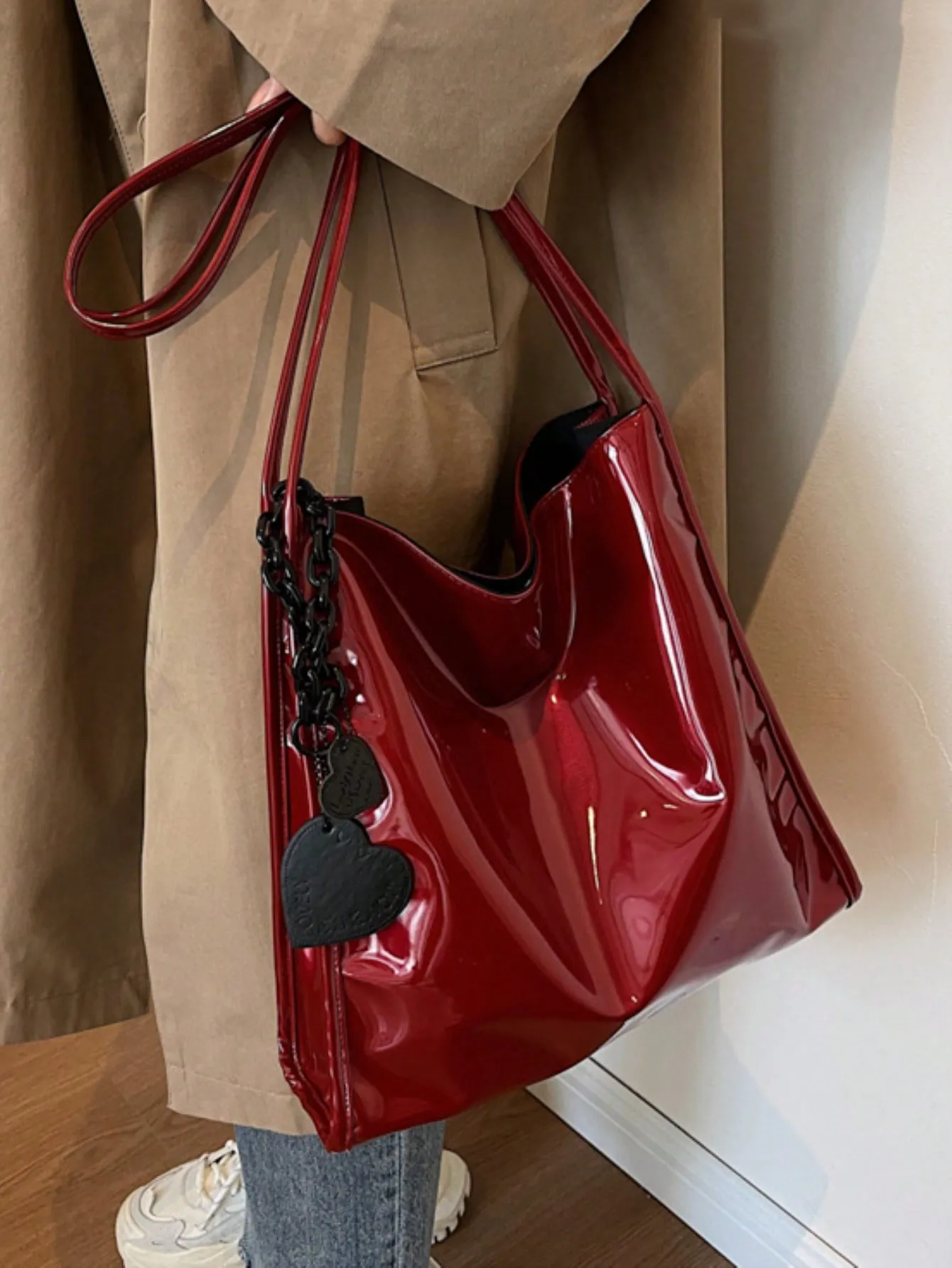 Yogodlns Stylish Patent Leather Tote Bag Solid Color Large Capacity Shoulder Bag Bucket Bags Underarm Bag For Daily Use-FD