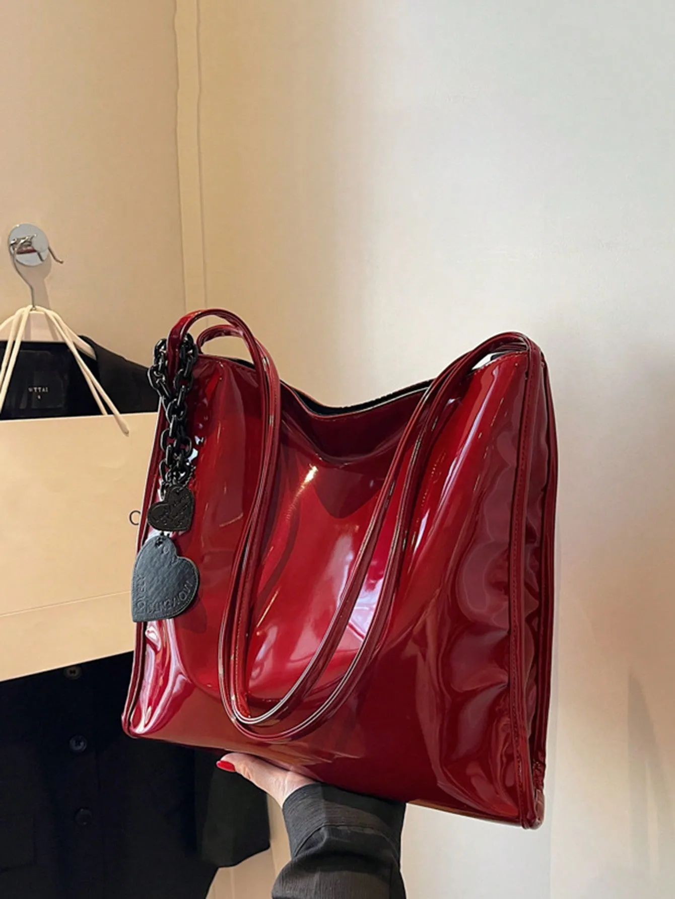 Yogodlns Stylish Patent Leather Tote Bag Solid Color Large Capacity Shoulder Bag Bucket Bags Underarm Bag For Daily Use-FD