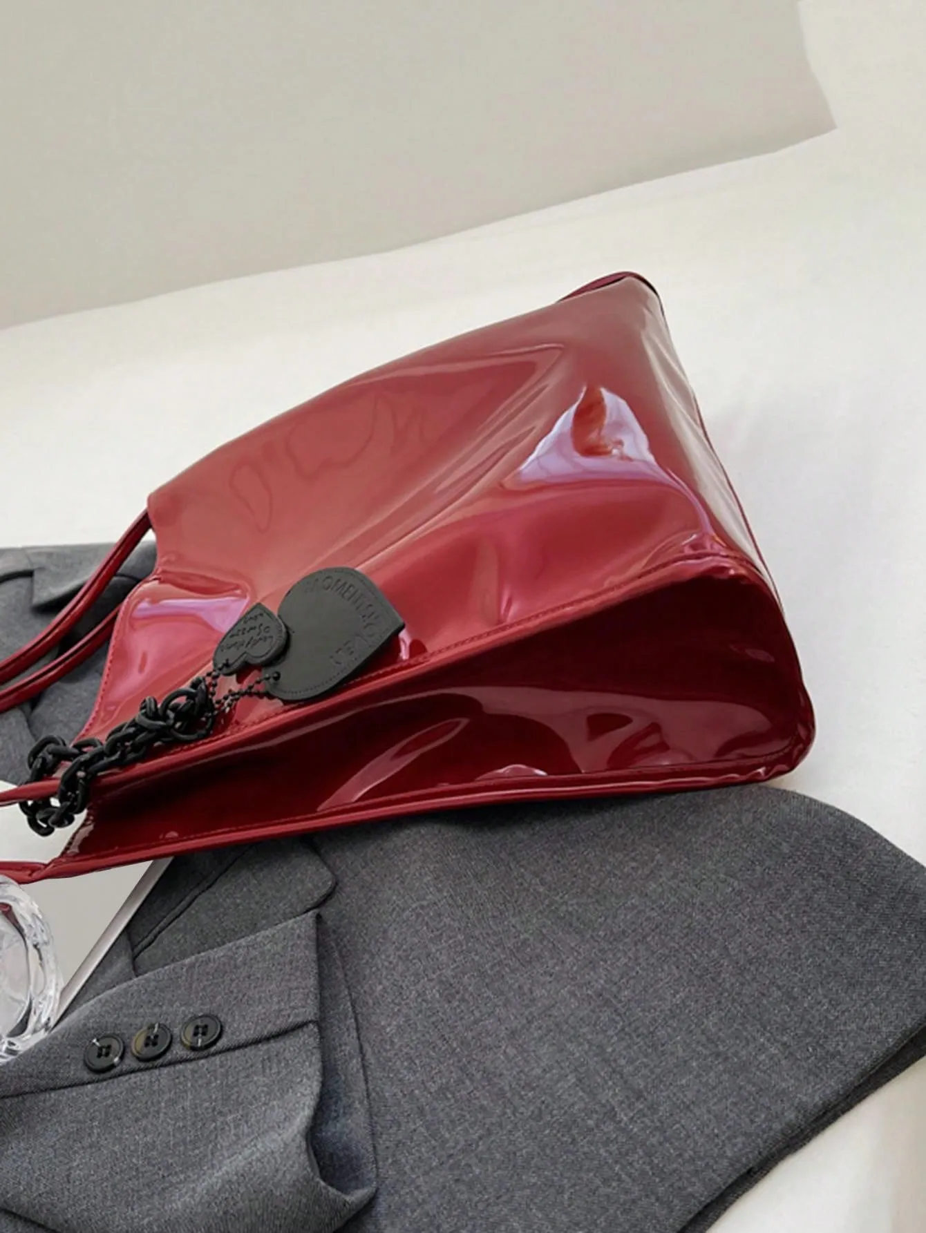 Yogodlns Stylish Patent Leather Tote Bag Solid Color Large Capacity Shoulder Bag Bucket Bags Underarm Bag For Daily Use-FD