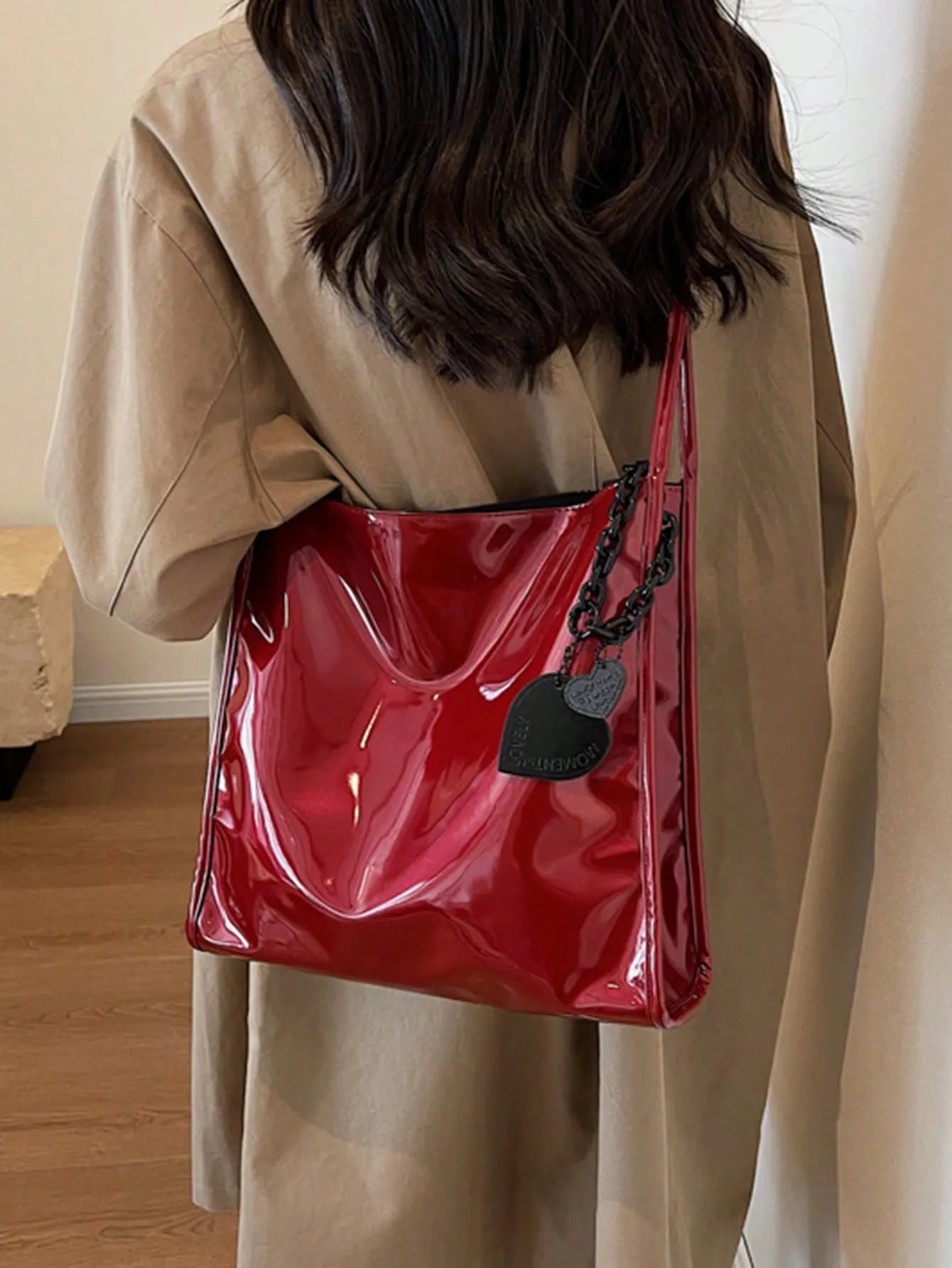 Yogodlns Stylish Patent Leather Tote Bag Solid Color Large Capacity Shoulder Bag Bucket Bags Underarm Bag For Daily Use-FD