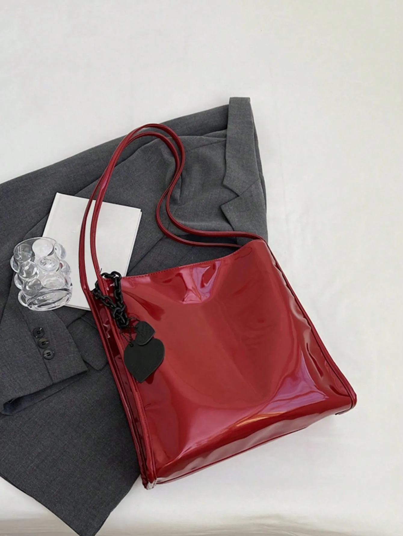 Yogodlns Stylish Patent Leather Tote Bag Solid Color Large Capacity Shoulder Bag Bucket Bags Underarm Bag For Daily Use-FD