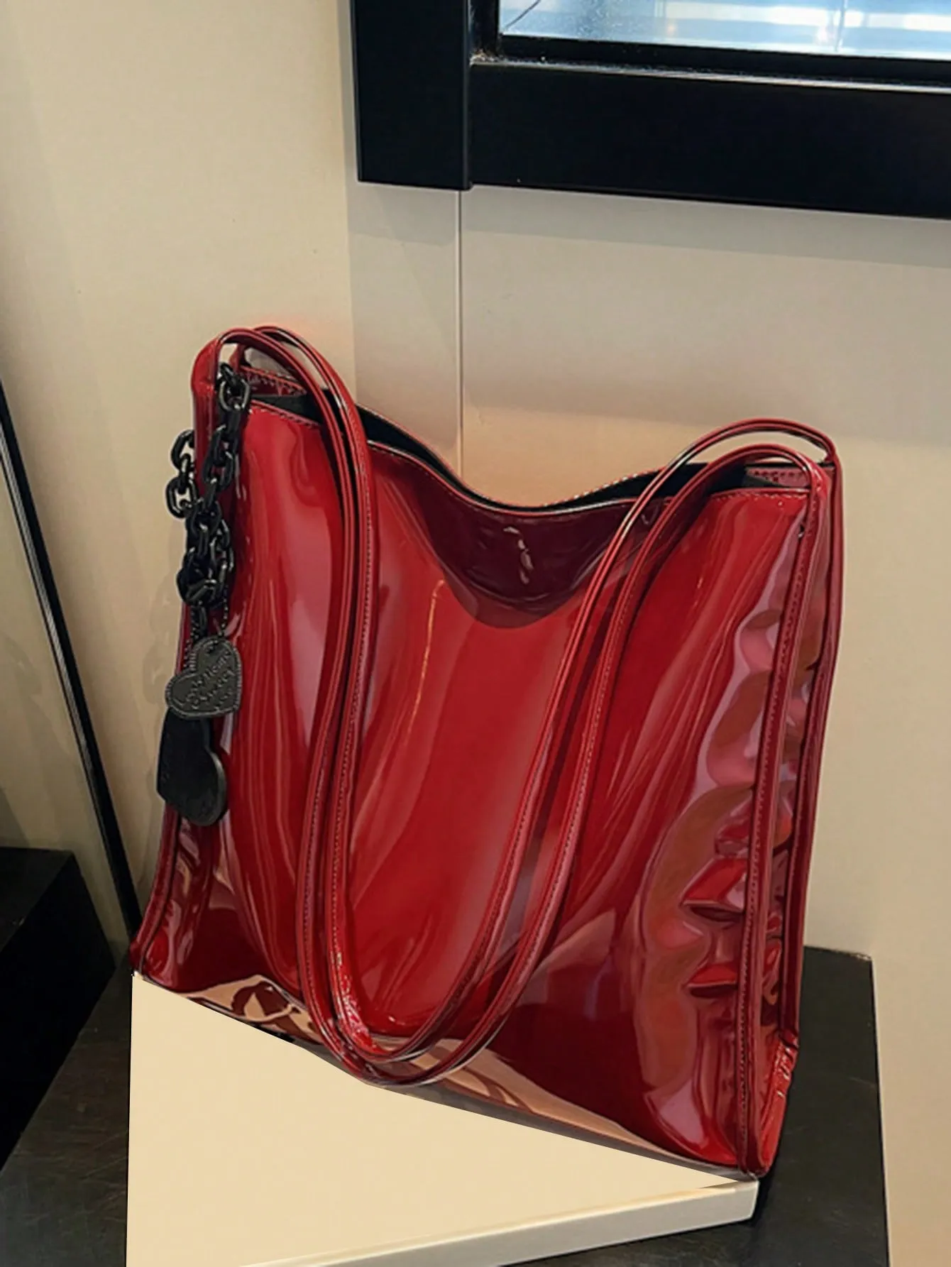 Yogodlns Stylish Patent Leather Tote Bag Solid Color Large Capacity Shoulder Bag Bucket Bags Underarm Bag For Daily Use-FD