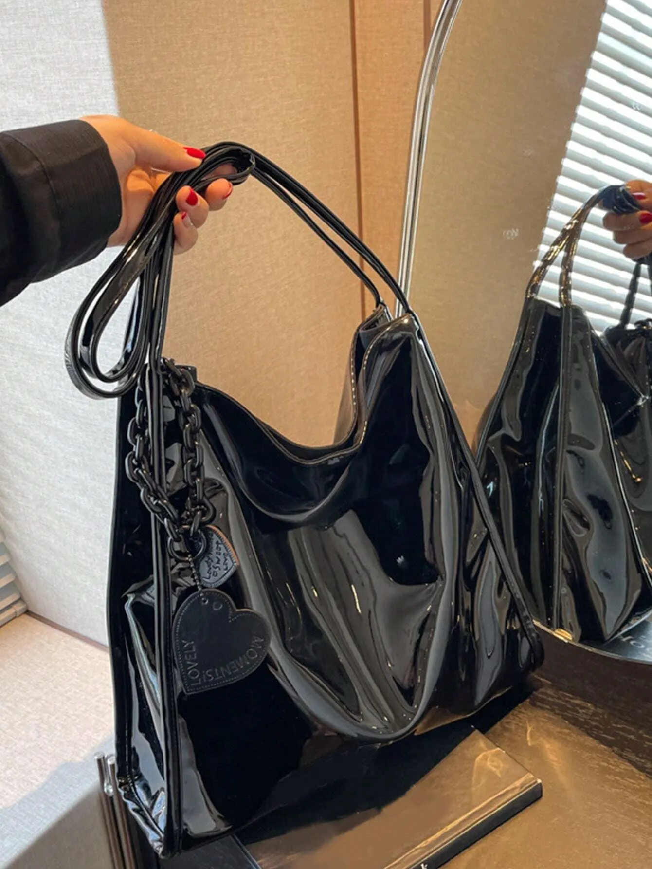Yogodlns Stylish Patent Leather Tote Bag Solid Color Large Capacity Shoulder Bag Bucket Bags Underarm Bag For Daily Use-FD