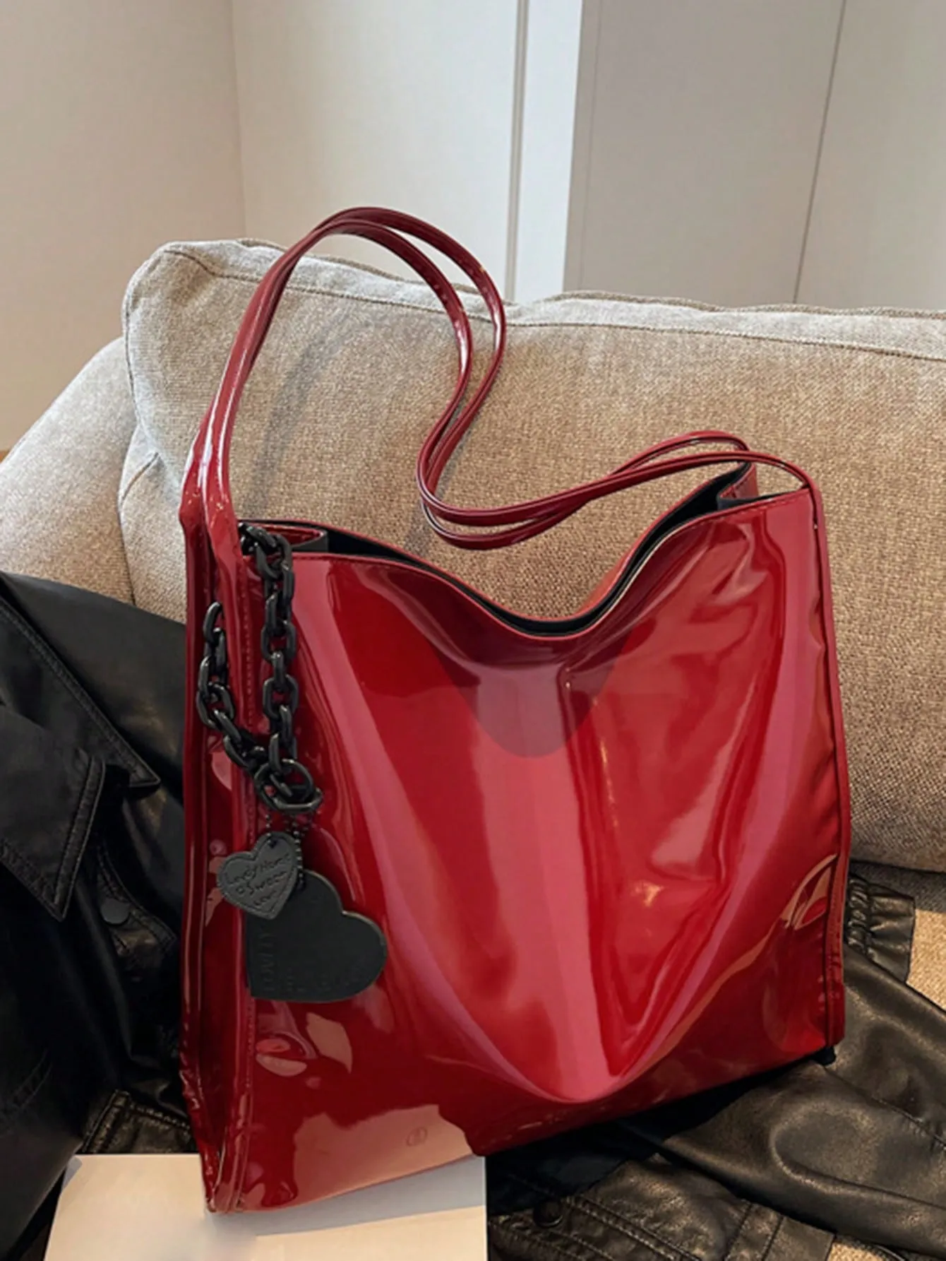 Yogodlns Stylish Patent Leather Tote Bag Solid Color Large Capacity Shoulder Bag Bucket Bags Underarm Bag For Daily Use-FD