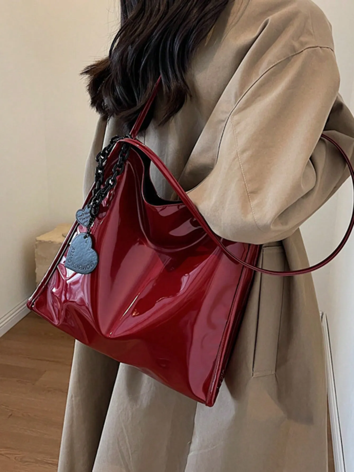 Yogodlns Stylish Patent Leather Tote Bag Solid Color Large Capacity Shoulder Bag Bucket Bags Underarm Bag For Daily Use-FD