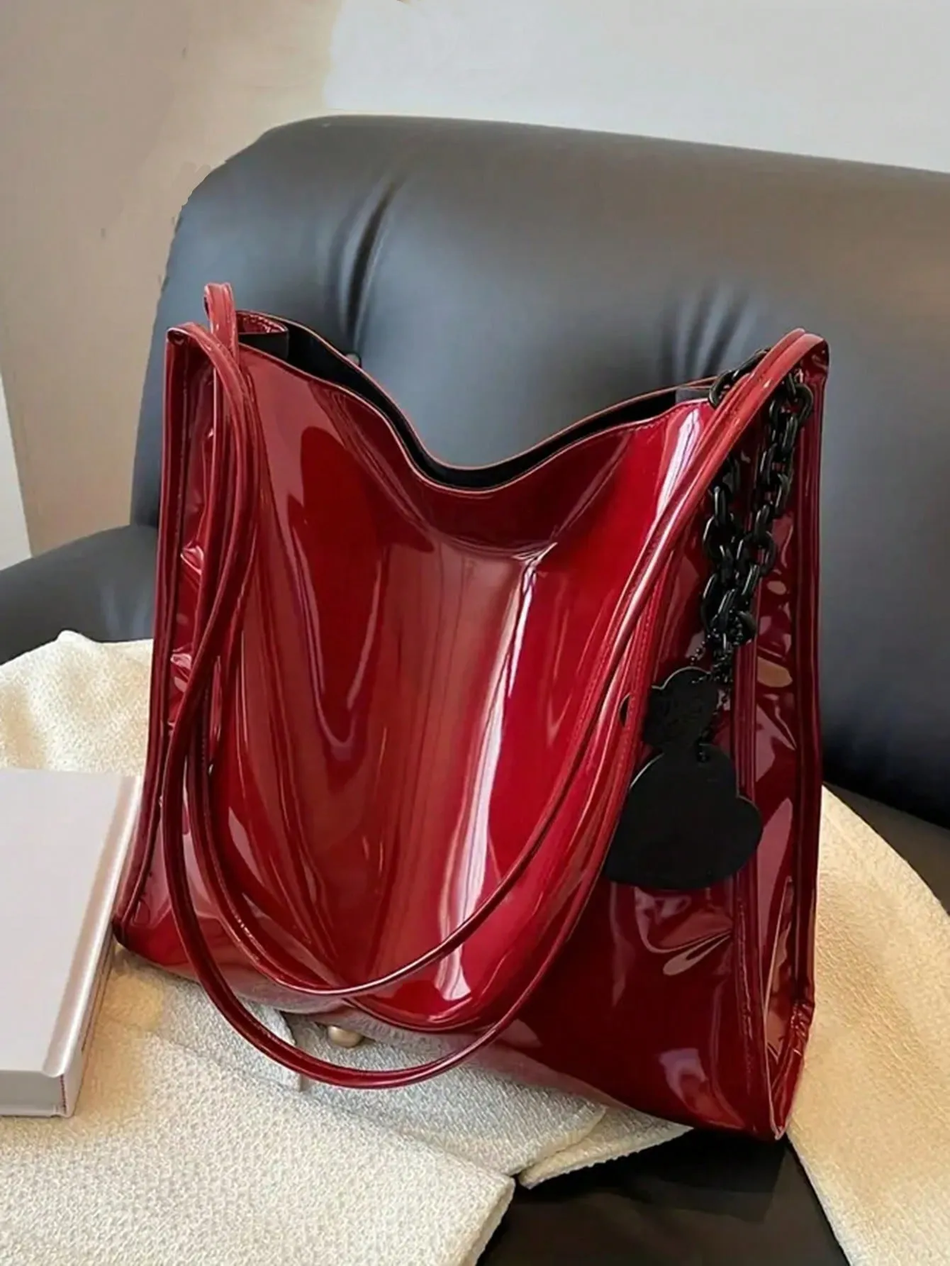 Yogodlns Stylish Patent Leather Tote Bag Solid Color Large Capacity Shoulder Bag Bucket Bags Underarm Bag For Daily Use-FD