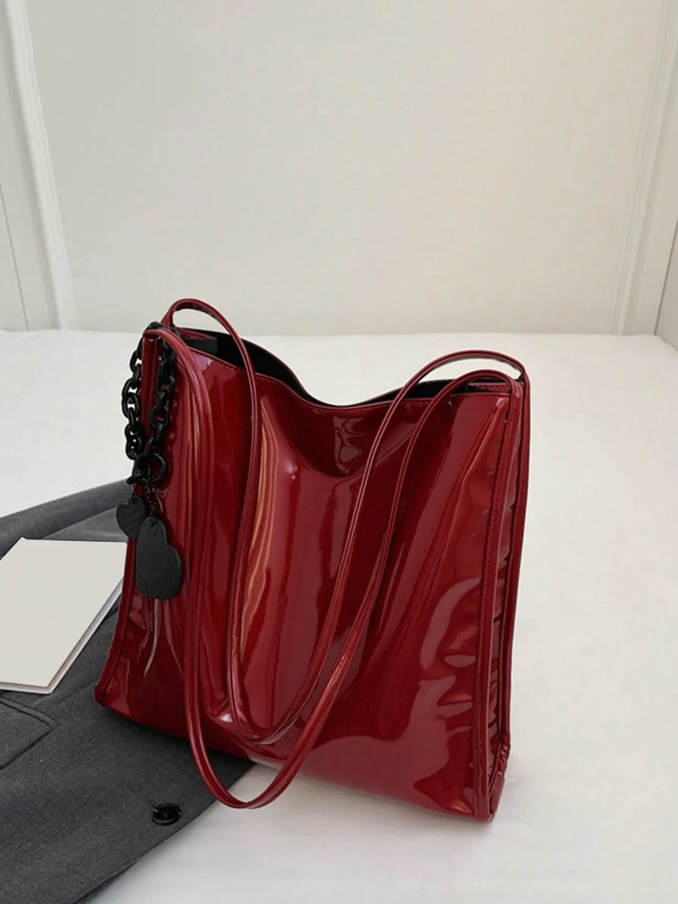 Yogodlns Stylish Patent Leather Tote Bag Solid Color Large Capacity Shoulder Bag Bucket Bags Underarm Bag For Daily Use-FD