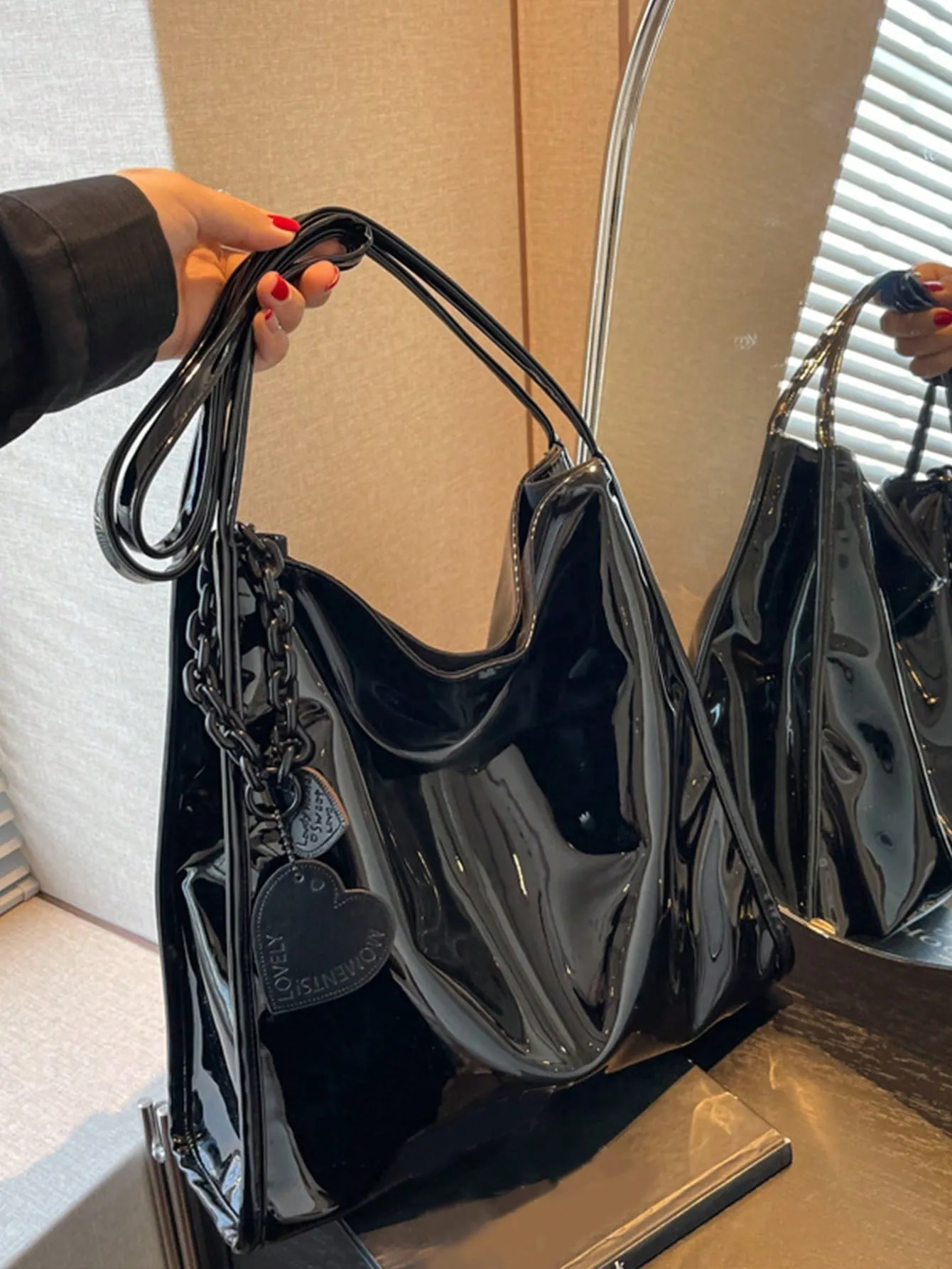 Yogodlns Stylish Patent Leather Tote Bag Solid Color Large Capacity Shoulder Bag Bucket Bags Underarm Bag For Daily Use-FD