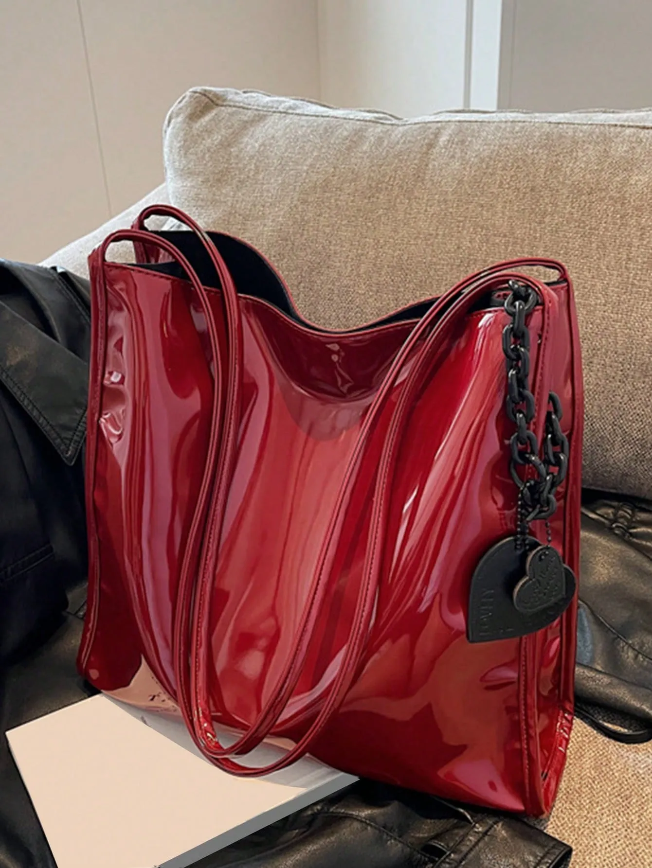 Yogodlns Stylish Patent Leather Tote Bag Solid Color Large Capacity Shoulder Bag Bucket Bags Underarm Bag For Daily Use-FD