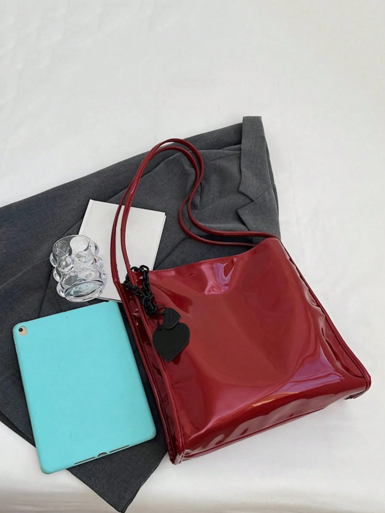 Yogodlns Stylish Patent Leather Tote Bag Solid Color Large Capacity Shoulder Bag Bucket Bags Underarm Bag For Daily Use-FD