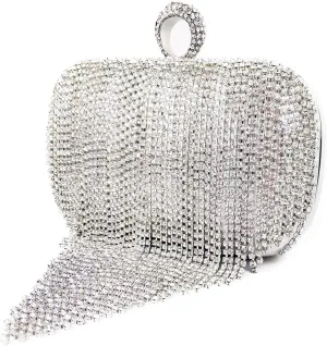 zebrum Womens Evening Clutch Bag Designer Evening Handbag Party Clutch Purse, Silver - Rhinestone Tassel, S