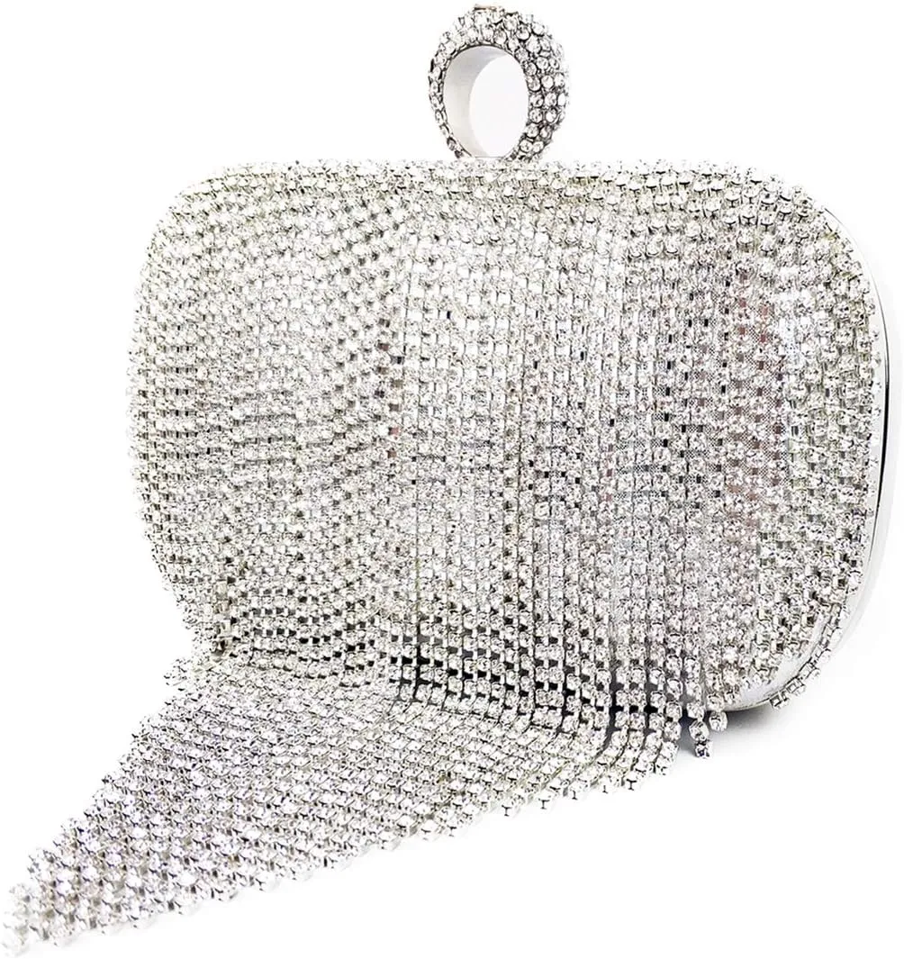 zebrum Womens Evening Clutch Bag Designer Evening Handbag Party Clutch Purse, Silver - Rhinestone Tassel, S